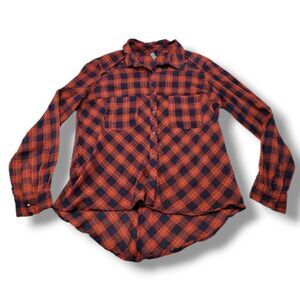 Free People Top Size Small SM Long Sleeve Button Down Shirt Plaid Open Shoulders
